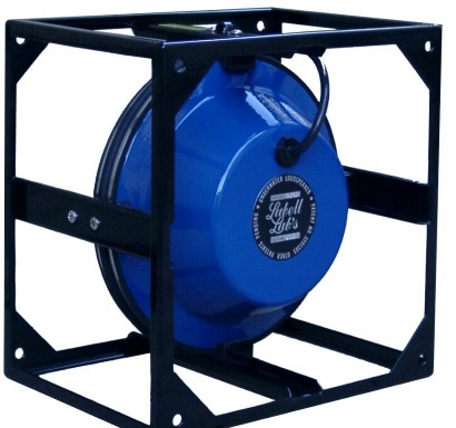 Lubell LL916C blue underwater speaker in its black steel protective cage